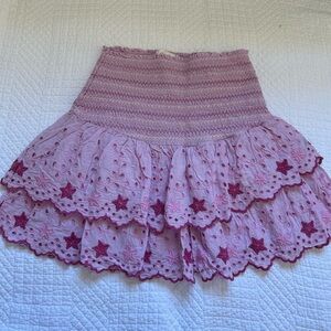 LoveShackFancy Pink Tiered Eyelet Star Embroidered Mini Skirt